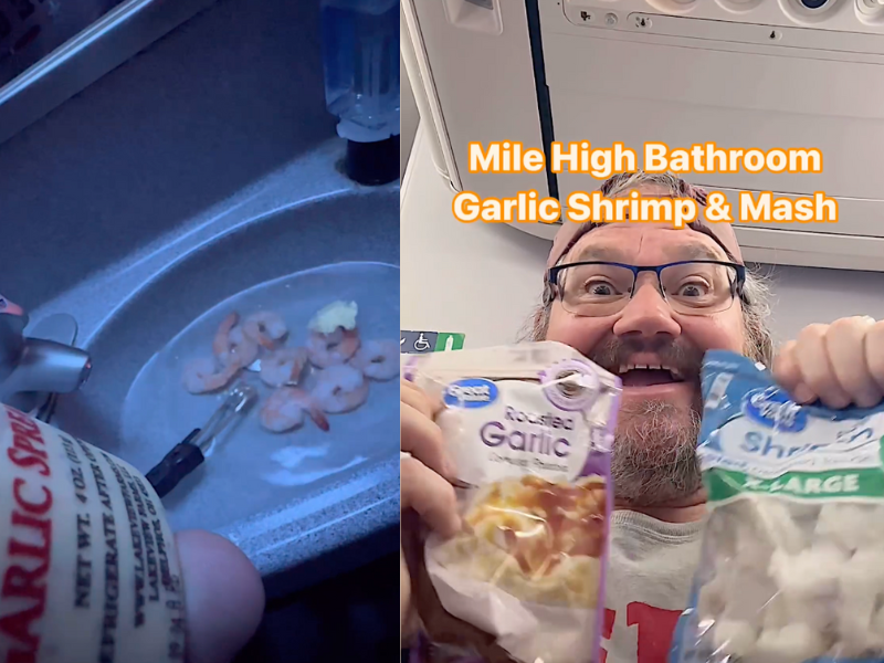 man with shrimp on a plane
