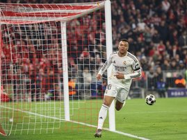 Real Madrid forward Kylian Mbappe scores a goal in Champions League