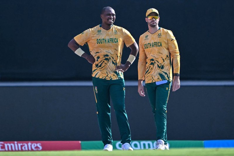Proteas players Lungi Ngidi and Aiden Markram during T20 Cricket World Cup vs Windies