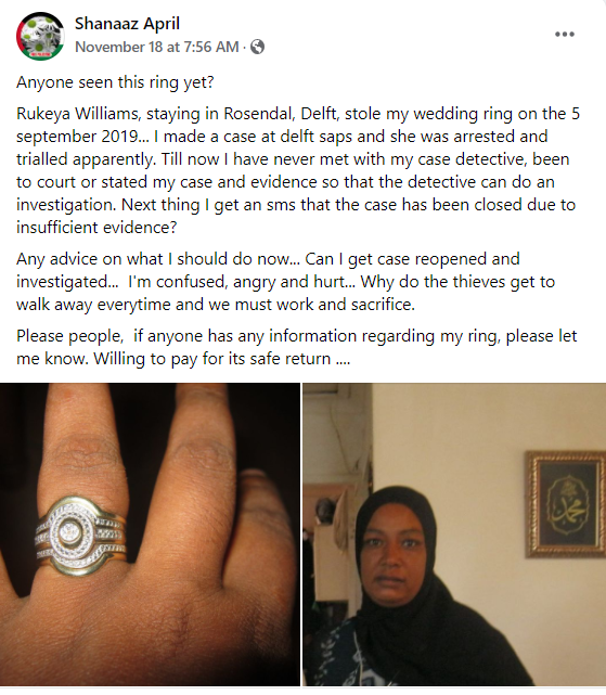 Woman posts R2500 reward for her R5000 wedding ring...