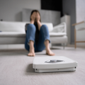 Sad woman sitting next to a scale