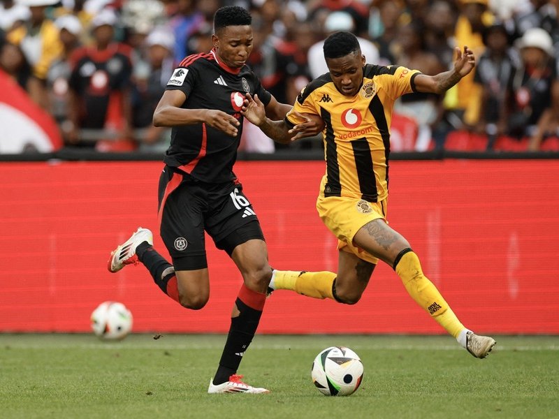 Orlando Pirates midfielder Thalente Mbatha and Kaizer Chiefs Pule Mmodi during 2025 Soweto Derby