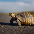 tiny tortoise crosses the road on a sunny day