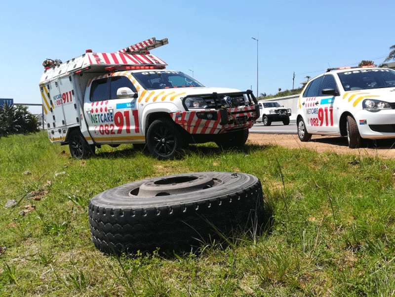 Durban motorist escapes serious injury after truck tyre crashes into vehicle