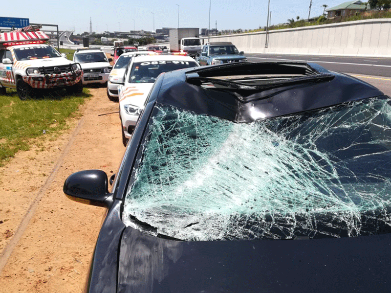 Durban motorist escapes serious injury after truck tyre crashes into vehicle