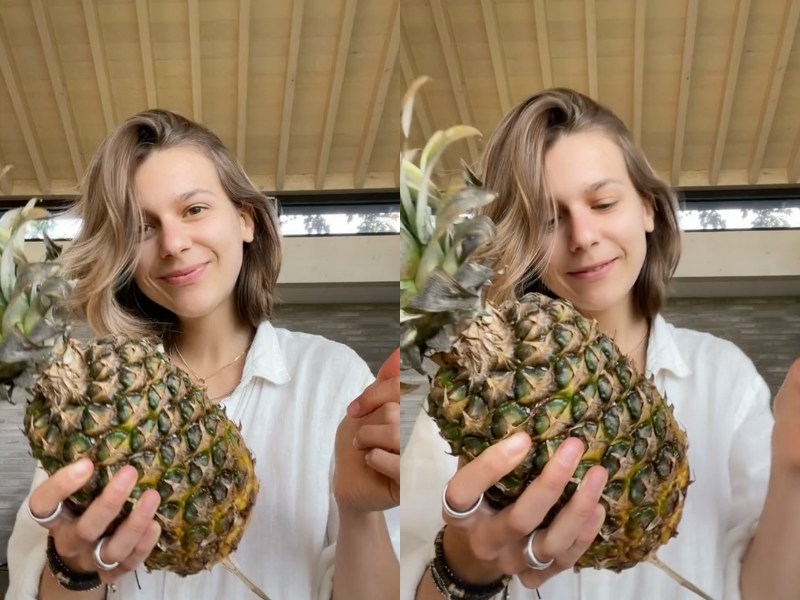 Girl eating pineapple with skin asmr tiktok